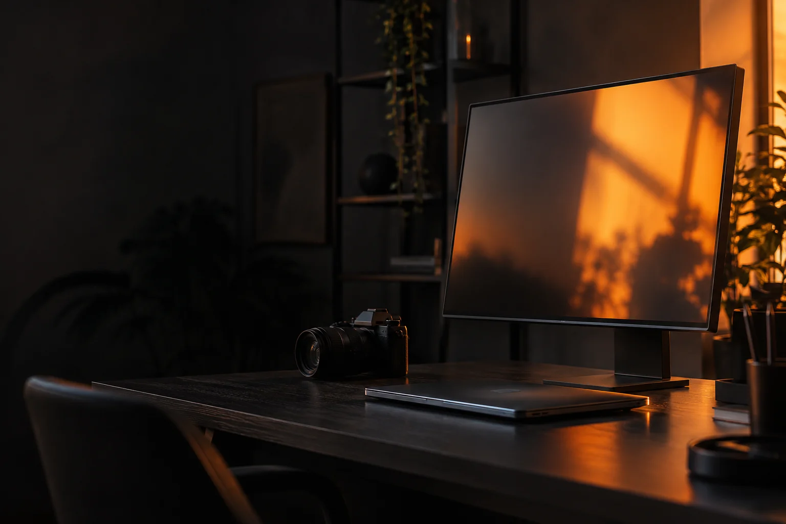 Atmosphärische Studioaufnahme mit Monitor, Kamera und Laptop